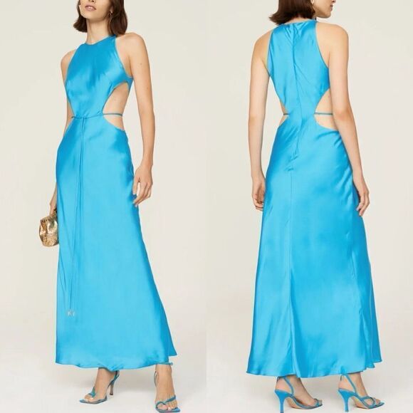 ALEXIS Lune Gown Womens Large L Blue Sleeveless Cutout A-Line Maxi Satin - Picture 2 of 14